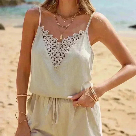 Camel Casual Women's Summer Beach Vacation Style Contrasting Lace Halter Top - Picture 4 of 4